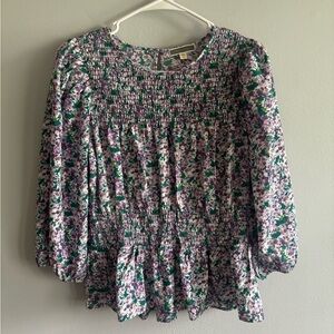 Pleione Floral Purple Green White Smocked Peplum Quarter Sleeve Blouse